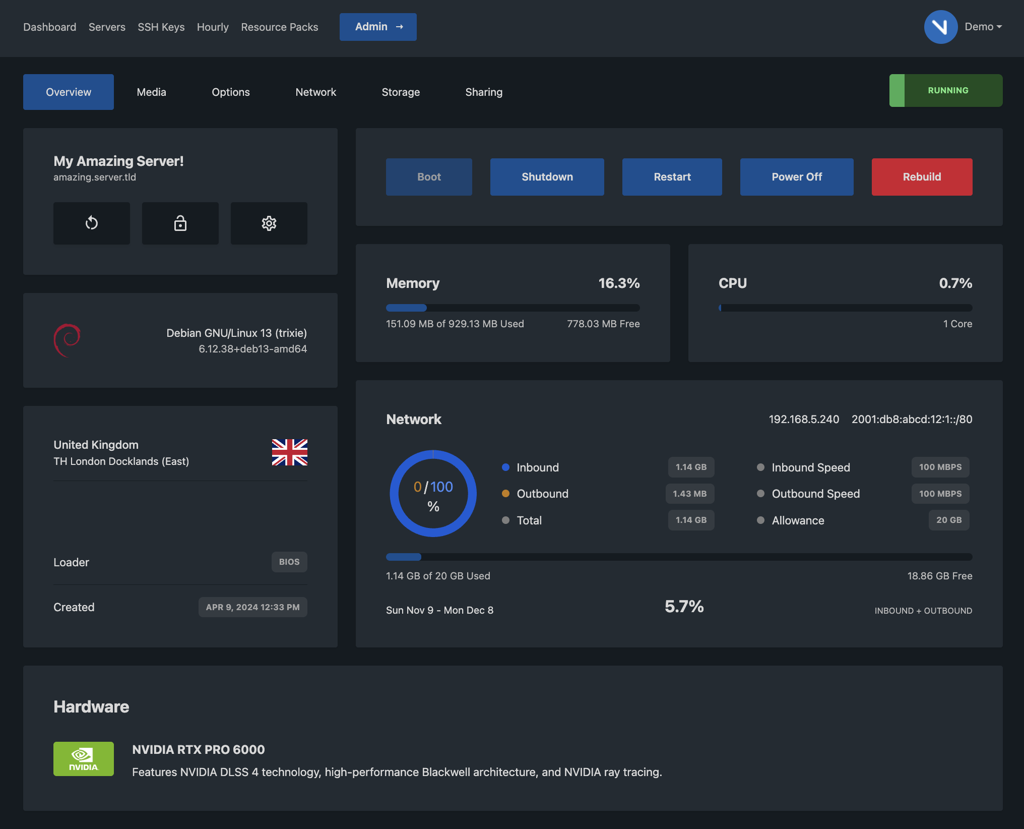 NorwichDC VPS control panel showing a running server with memory, CPU and network usage